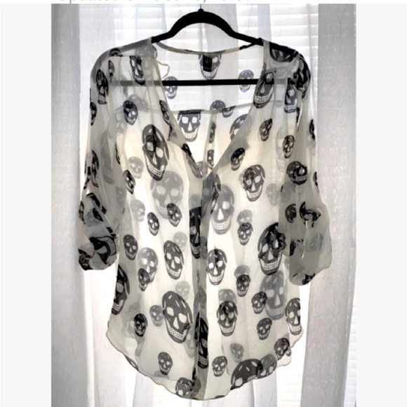 Sheer White with Black Skulls Blouse with Roll-up Sleeves - Picture 1 of 10